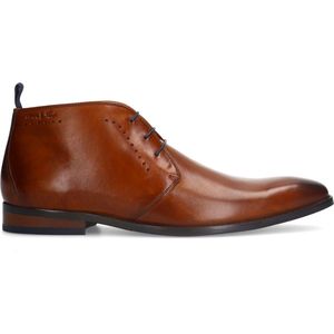 Van Lier - Heren - Cognac Leren Veterschoenen - Blauwe Veters - Platte Hak