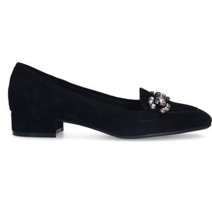 Manfield - Zwarte Suède Loafer Pumps - Platte Hak - Vierkante Neus