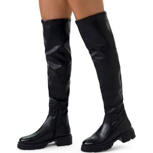 Manfield - Dames - Zwarte Leren Hoge Overknee Laarzen - Ritssluiting - Hak 5 cm - Plateauzool 3 cm