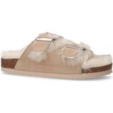 Manfield - Beige Suède Slides - Faux Fur Voering - Plateauzool 3 cm