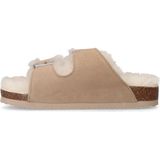 Manfield - Beige Suède Slides - Faux Fur Voering - Plateauzool 3 cm