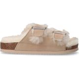Manfield - Beige Suède Slides - Faux Fur Voering - Plateauzool 3 cm