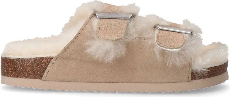 Manfield - Beige Suède Slides - Faux Fur Voering - Plateauzool 3 cm