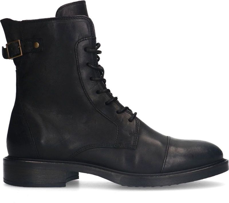 Manfield - Dames - Zwarte leren veterboots