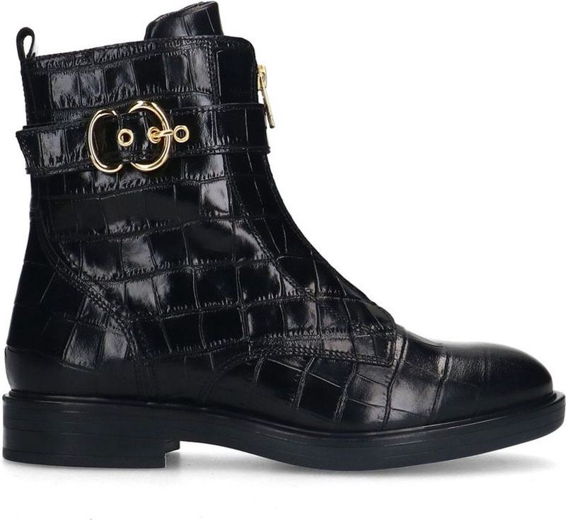 Manfield - Dames - Zwarte leren croco enkellaarsjes
