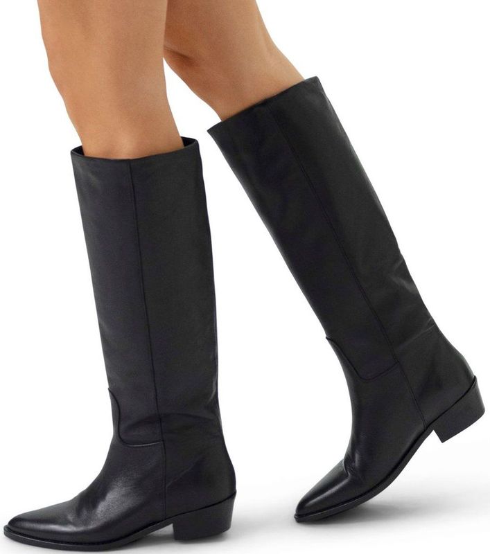 Manfield - Dames - Zwarte leren hoge laarzen