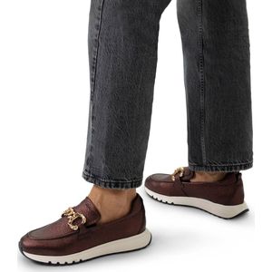 Manfield - Bronzen Leren Loafers - Goudkleurige Chain - Zool 3 cm