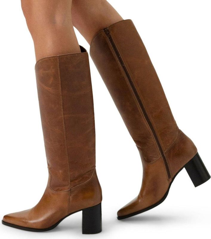 Manfield - Dames - Cognac Leren Laarzen met Hak - Cognac - Leren