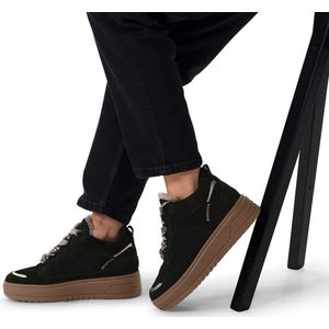 Manfield - Dames - Zwarte Suède Hoge Sneakers - Bruine Plateauzool