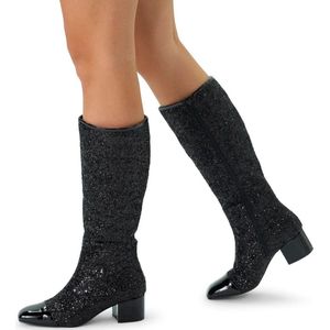 Manfield - Dames - Zwarte hoge glitterlaarzen