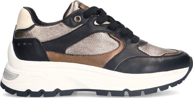 Manfield - Dames - Zwarte Leren Sneakers - Gouden Details - Plateau Zool