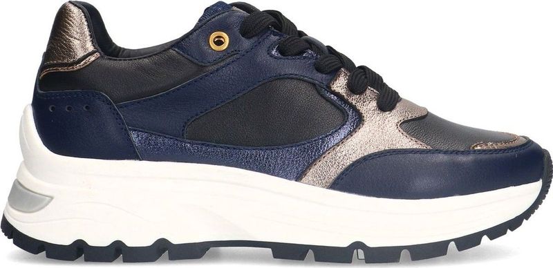 Manfield - Dames - Zwarte leren sneakers met gouden details