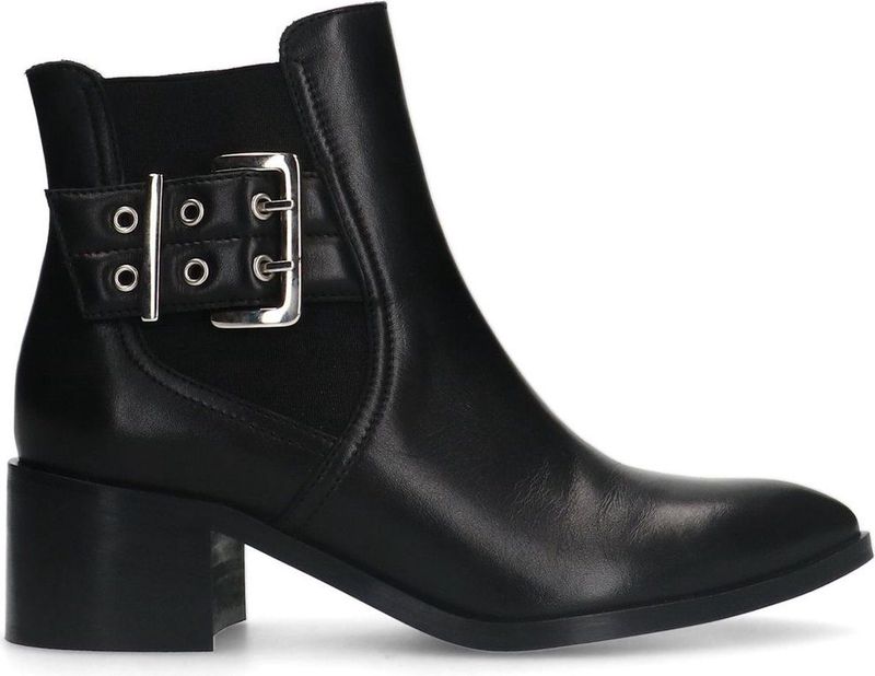 Manfield - Dames - Zwarte leren enkellaarsjes met hak