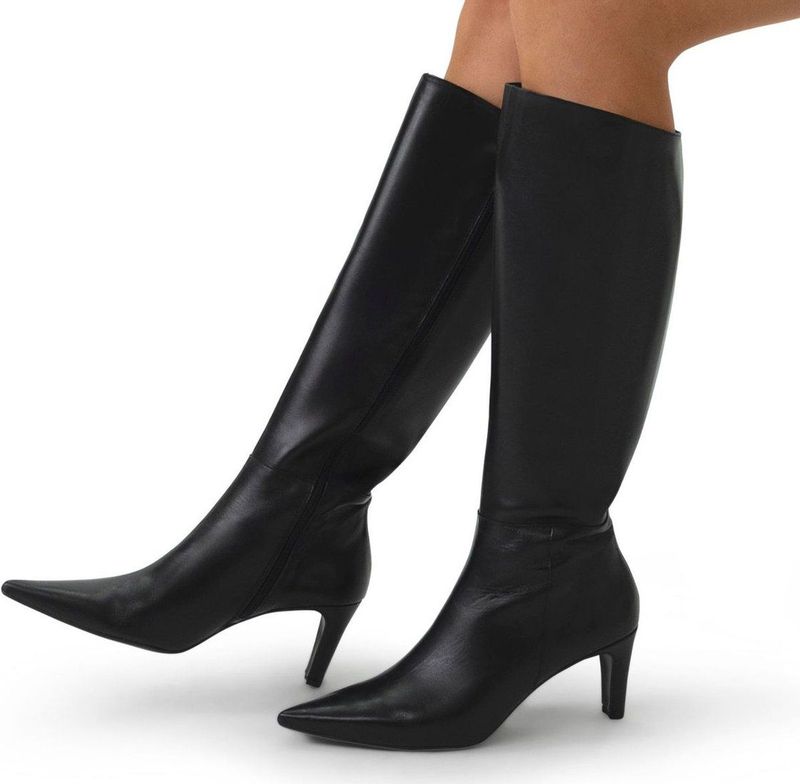 Manfield - Dames - Zwarte leren hoge laarzen met hak