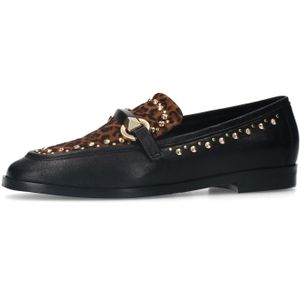 Manfield - Dames - Zwarte Leren Loafers - Gouden Studs - Panterprint Details