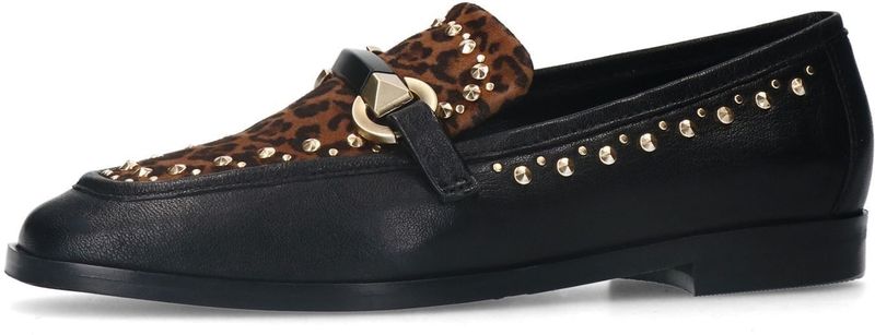 Manfield - Zwarte Leren Loafers - Panterprint - Gouden Studs