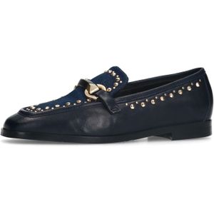 Manfield - Dames - Blauwe Leren Loafers - Gouden Studs - Denim Details