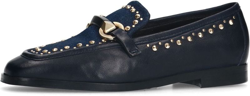 Manfield - Dames - Blauwe Leren Loafers - Gouden Studs - Denim Details