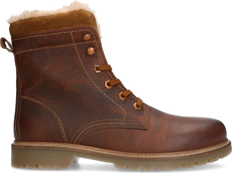 Manfield - Cognac Leren Veterboots - Bruin - Nepbont