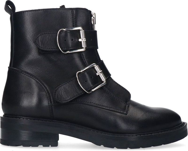 Manfield - Zwarte Enkellaarsjes - Leer - Ritssluiting - Gespdetail