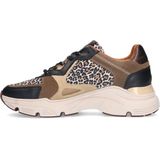 Manfield - Dames - Zwarte Leren Sneakers - Suède Panter Details - Crème Zool