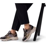 Manfield - Dames - Zwarte Leren Sneakers - Suède Panter Details - Crème Zool