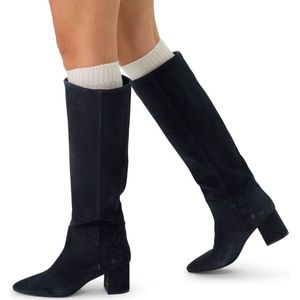 Manfield - Dames - Blauwe Suède Hogen Laarzen met Hak - Blokhak 6 cm