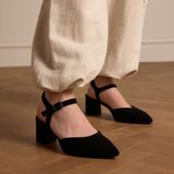 Manfield - Zwarte Slingback Pumps - Suède - Blokhak 6 cm