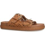 Manfield - Dames - Cognac Leren Slippers - Gevlochten Zool - Dubbele Gespsluiting