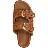 Manfield - Dames - Cognac Leren Slippers - Gevlochten Zool - Dubbele Gespsluiting