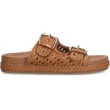 Manfield - Dames - Cognac Leren Slippers - Gevlochten Zool - Dubbele Gespsluiting