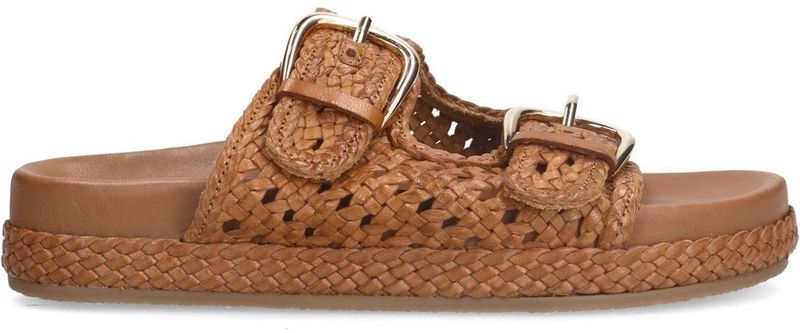 Manfield - Dames - Cognac Leren Slippers - Gevlochten Zool - Dubbele Gespsluiting