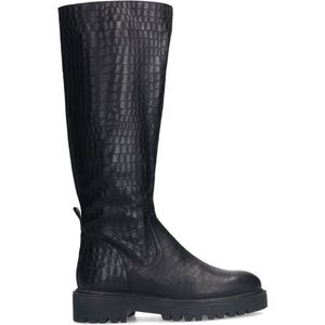 Manfield - Zwarte Leren Hoge Croco Laarzen - Ritssluiting - Hak 4 cm