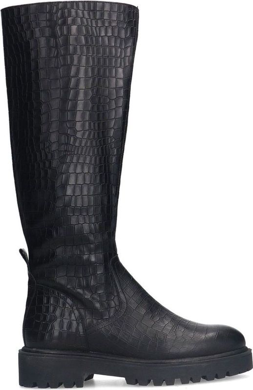 Manfield - Zwarte Leren Hoge Croco Laarzen - Ritssluiting - Hak 4 cm