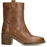 Manfield - Cognac Leren Enkellaarsjes - Met Hak - Ronde Neus - Ritssluiting