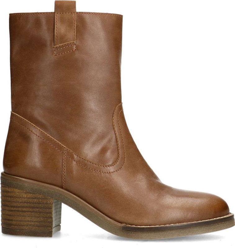 Manfield - Cognac Leren Enkellaarsjes - Met Hak - Ronde Neus - Ritssluiting