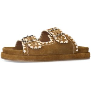 Manfield - Dames - Suède Slippers - Cognac - Met Gesp