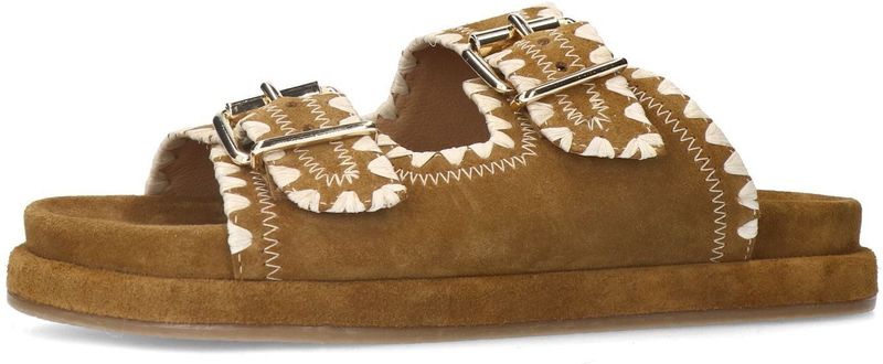 Manfield - Dames - Suède Slippers - Cognac - Met Gesp