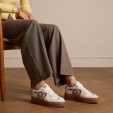 Manfield - Dames - Witte Leren Sneakers - Leopard Details - Dikke Zool 4 cm