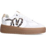 Manfield - Dames - Witte Leren Sneakers - Leopard Details - Dikke Zool 4 cm