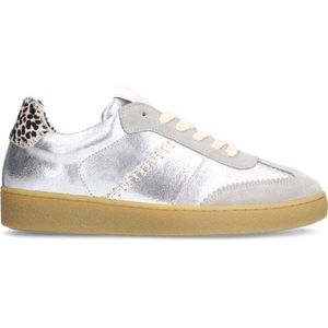 Manfield - Dames - Zilveren leren sneakers met leopard details