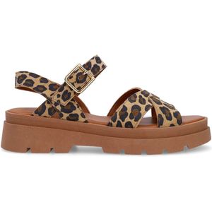 Manfield - Cognac Leren Sandalen - Plateauzool - Gespsluiting - Gekruiste Band