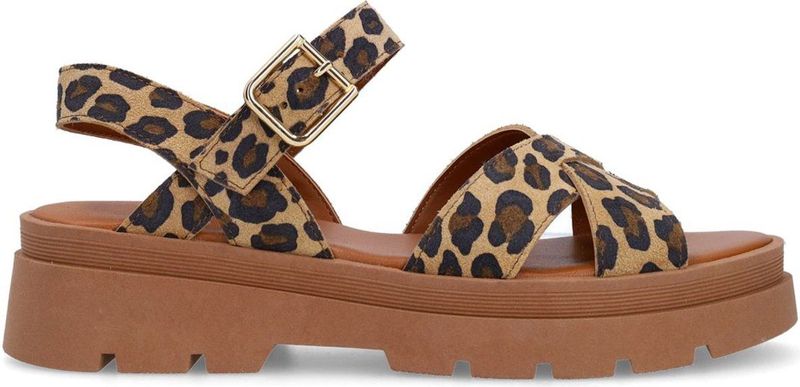 Manfield - Cognac Leren Sandalen - Plateauzool - Gespsluiting - Gekruiste Band