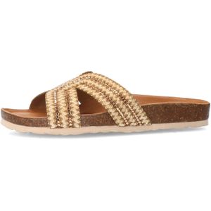 Manfield - Dames - Beige Raffia Slippers - Glittersteentjes - Rubber Zool