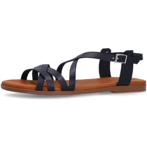Manfield - Dames - Zwarte Leren Sandalen - Platte Zool - Gespsluiting