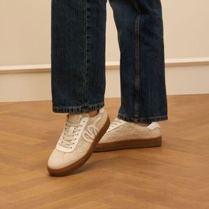 Manfield - Dames - Witte Sneakers - Leren - Rode Details - Bruine Zool 3 cm