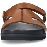 Manfield - Leren Slippers - Cognac - Leer - Platte Zool - Klittenband