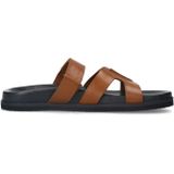 Manfield - Leren Slippers - Cognac - Leer - Platte Zool - Klittenband