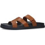 Manfield - Leren Slippers - Cognac - Leer - Platte Zool - Klittenband