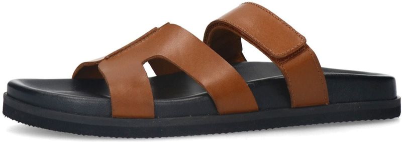 Manfield - Leren Slippers - Cognac - Leer - Platte Zool - Klittenband